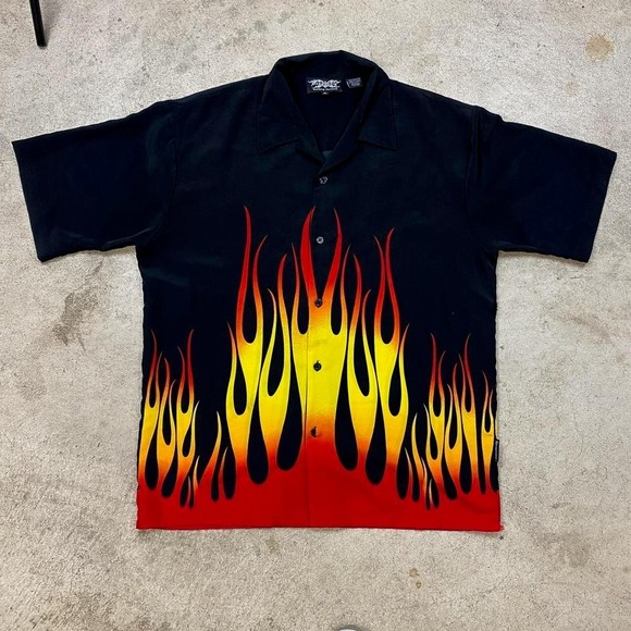 Dragonfly Other - Vintage Y2K Dragonfly Clothing Co Button Up Short Sleeve Fire Flames Shirt Sz XL